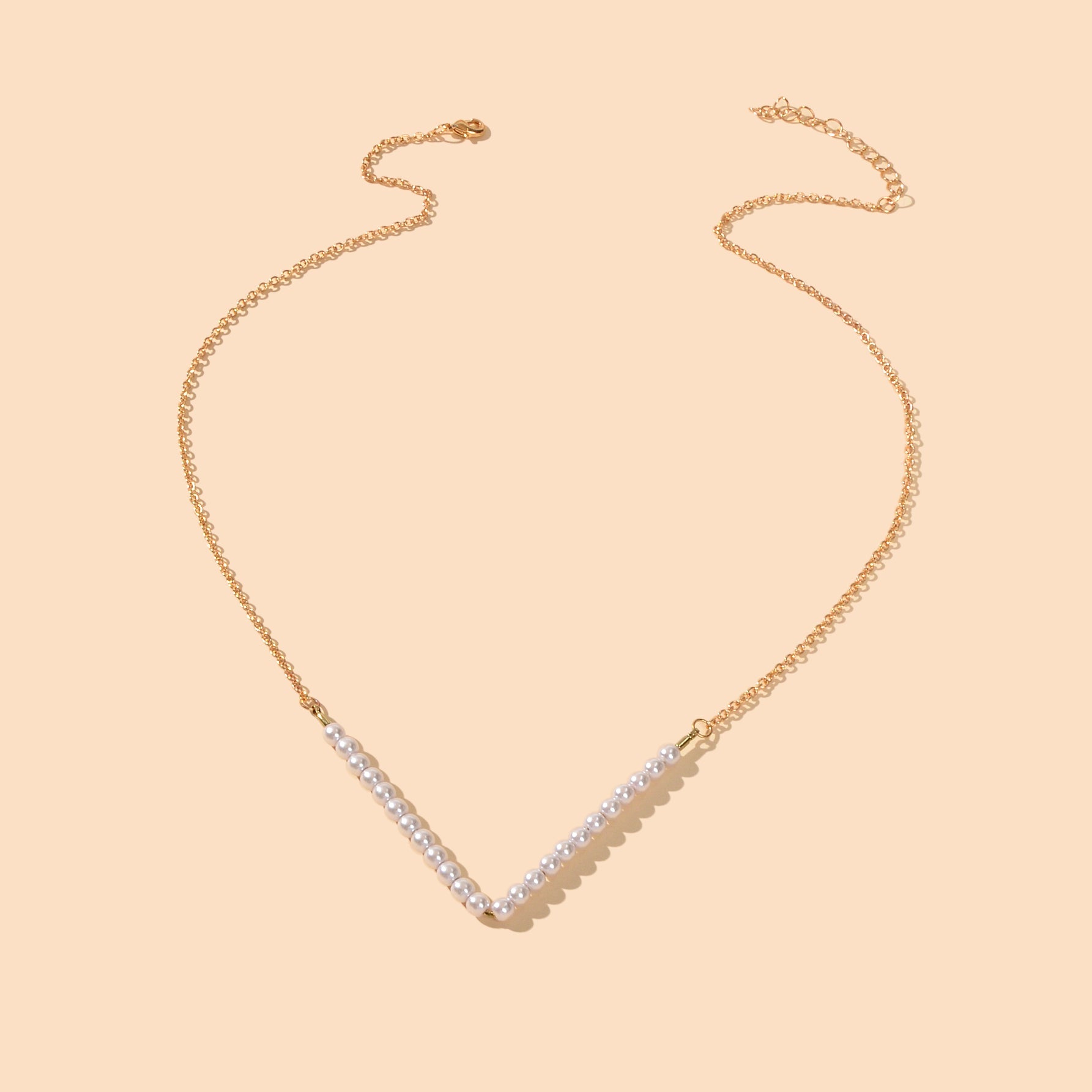 Ladies Jewellery Gold Chain Pearl Beads V shape Geometric Retro Pendant Necklace-1