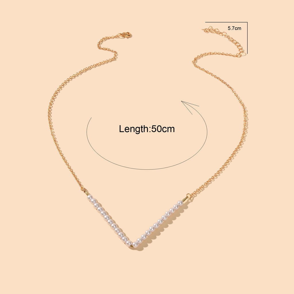 Ladies Jewellery Gold Chain Pearl Beads V shape Geometric Retro Pendant Necklace-2