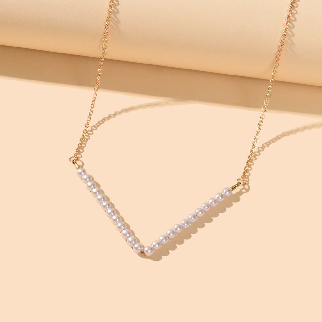 Ladies Jewellery Gold Chain Pearl Beads V shape Geometric Retro Pendant Necklace-3