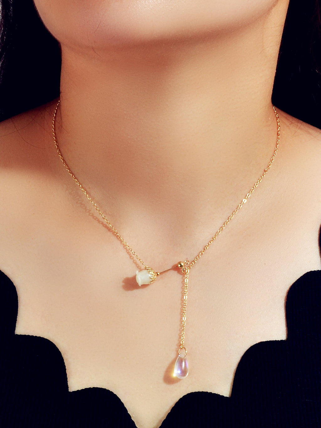 Elegant Jewellery Gold Chain Acrylic Water Drop Beads Flower Charm Y Necklace-0