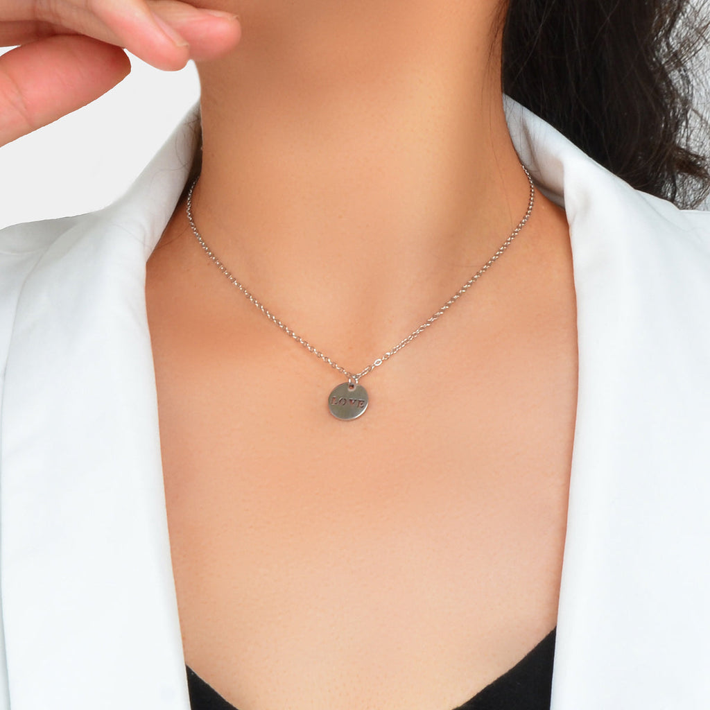 Minimalist Sliver Chain Stainless Steel Love Letter Round Disc Pendant Necklace-0