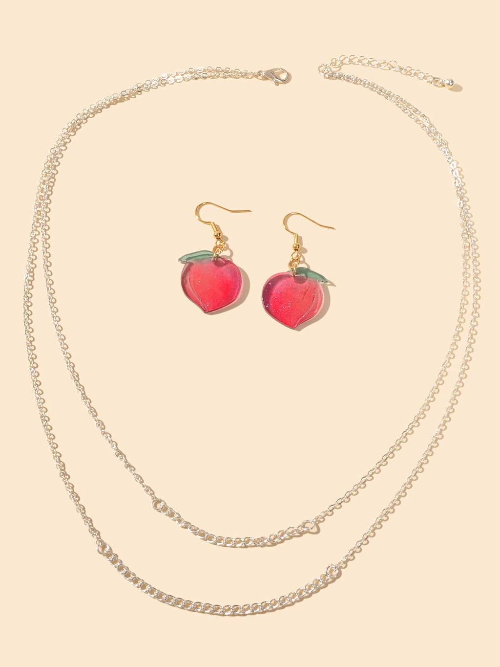 Jewelry set Double layer Silver Chain Necklace Pink Resin Peach Dangle Earrings-1