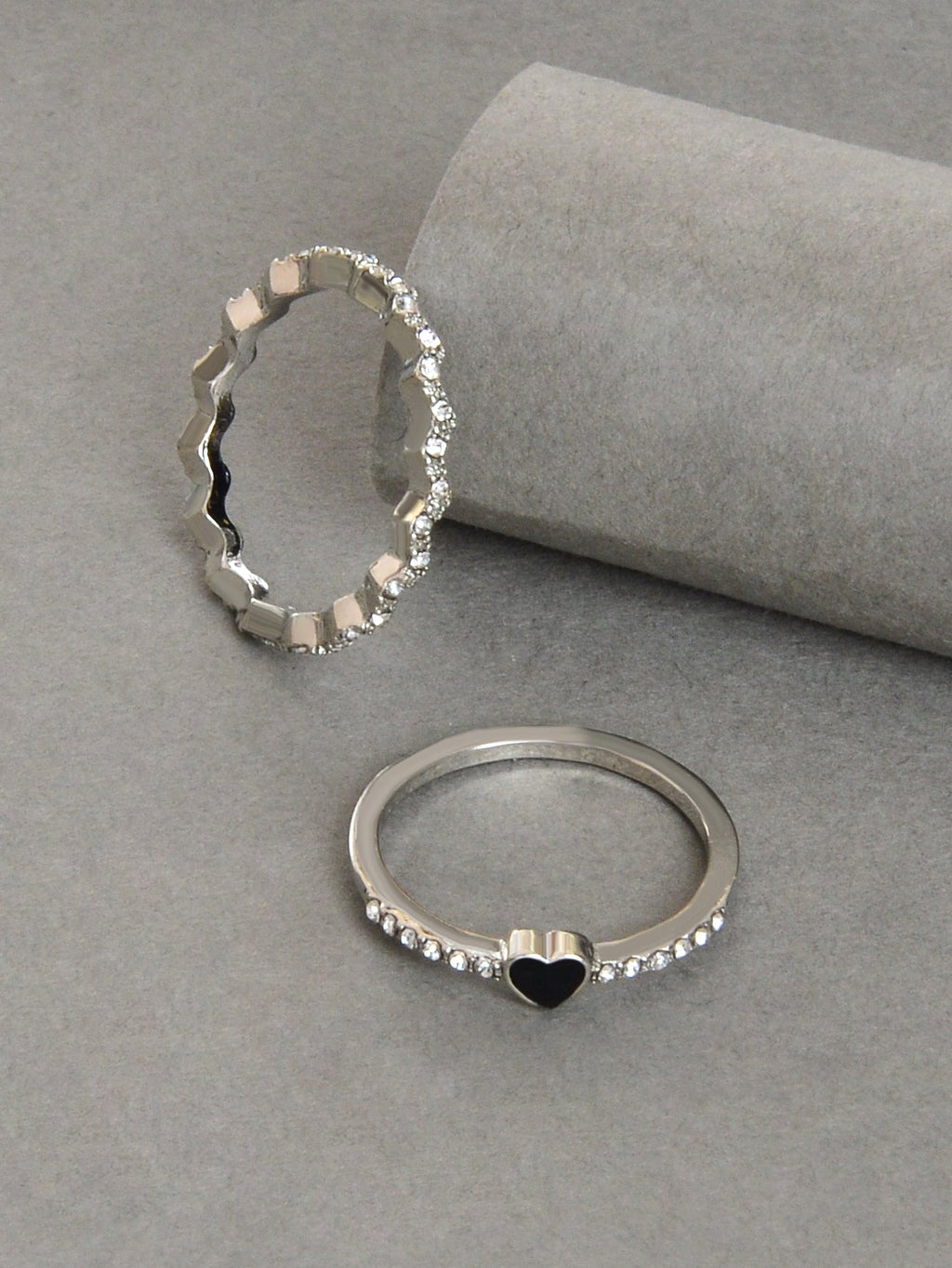 2pcs Black Enamel Heart Silver Love Rings Women Romantic Band Teen Birthday Gift-0