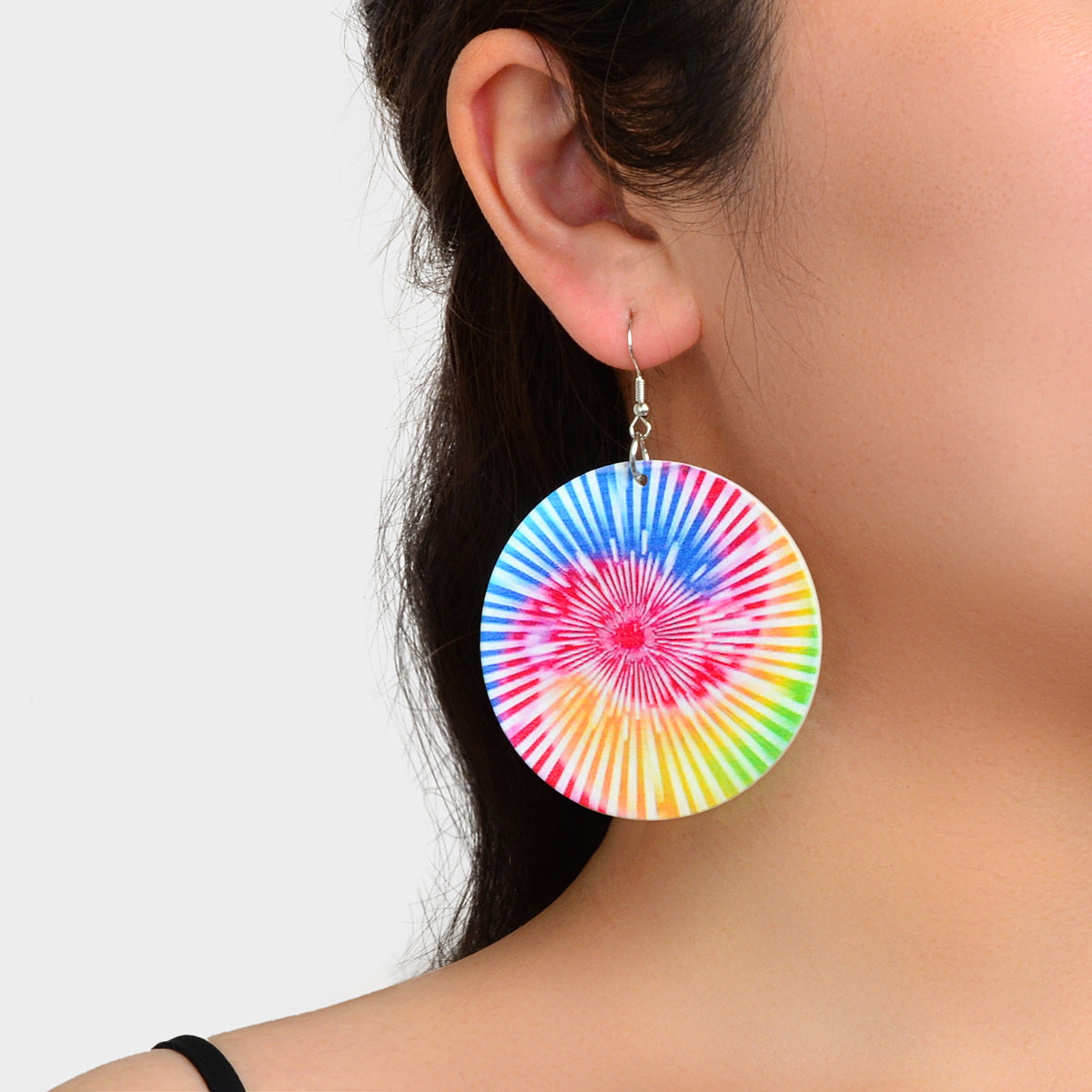 Bohemian Colourful Geometric Pattern Round Wood Dangling Elements Hook Earrings