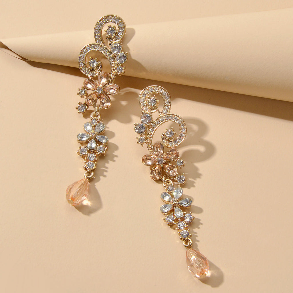 Rhinestone Crystal Decoration Flower Chandelier Earrings Luxury Wedding Jewelry-0