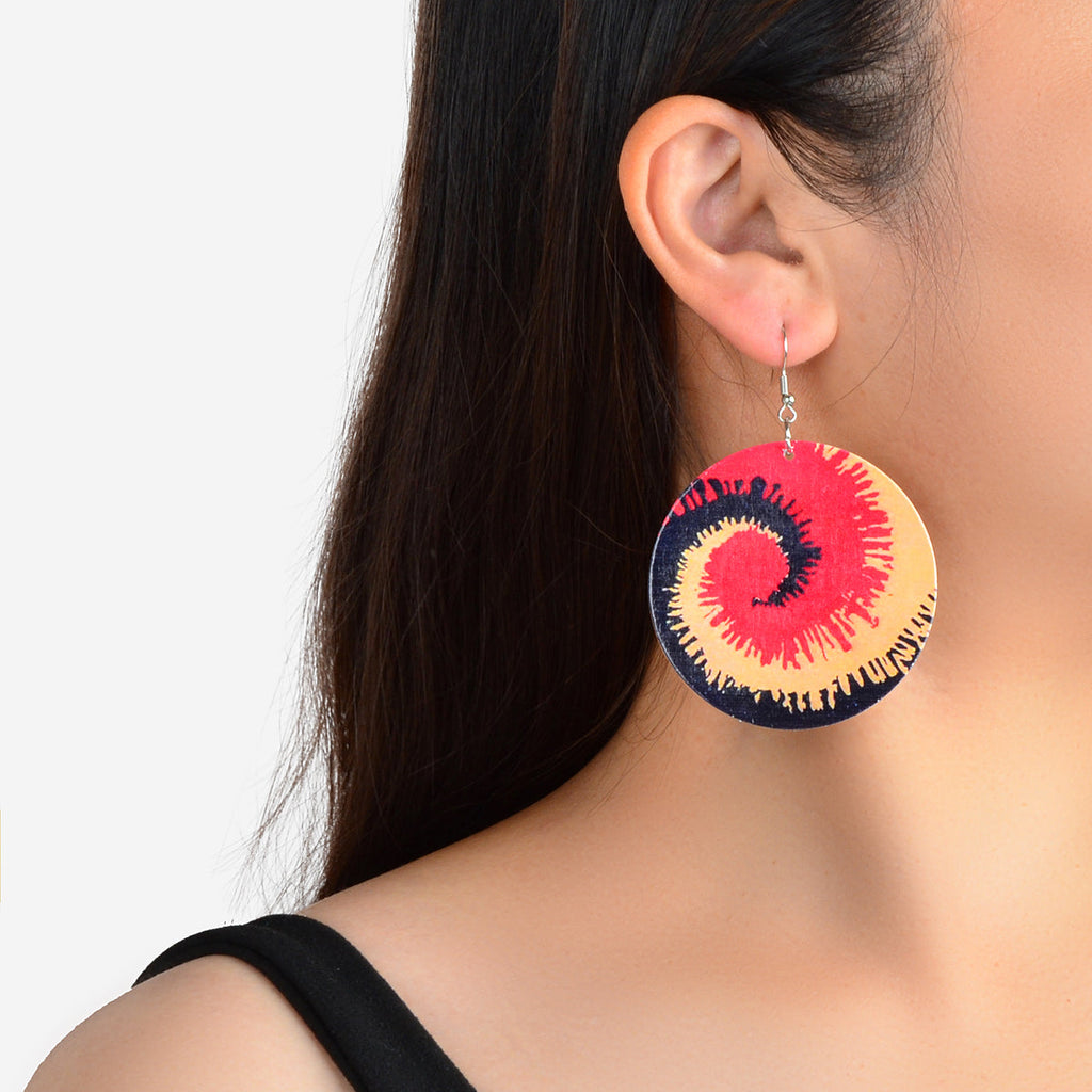 Bohemian Colourful Geometric Pattern Round Wood Dangling Elements Hook Earrings-4