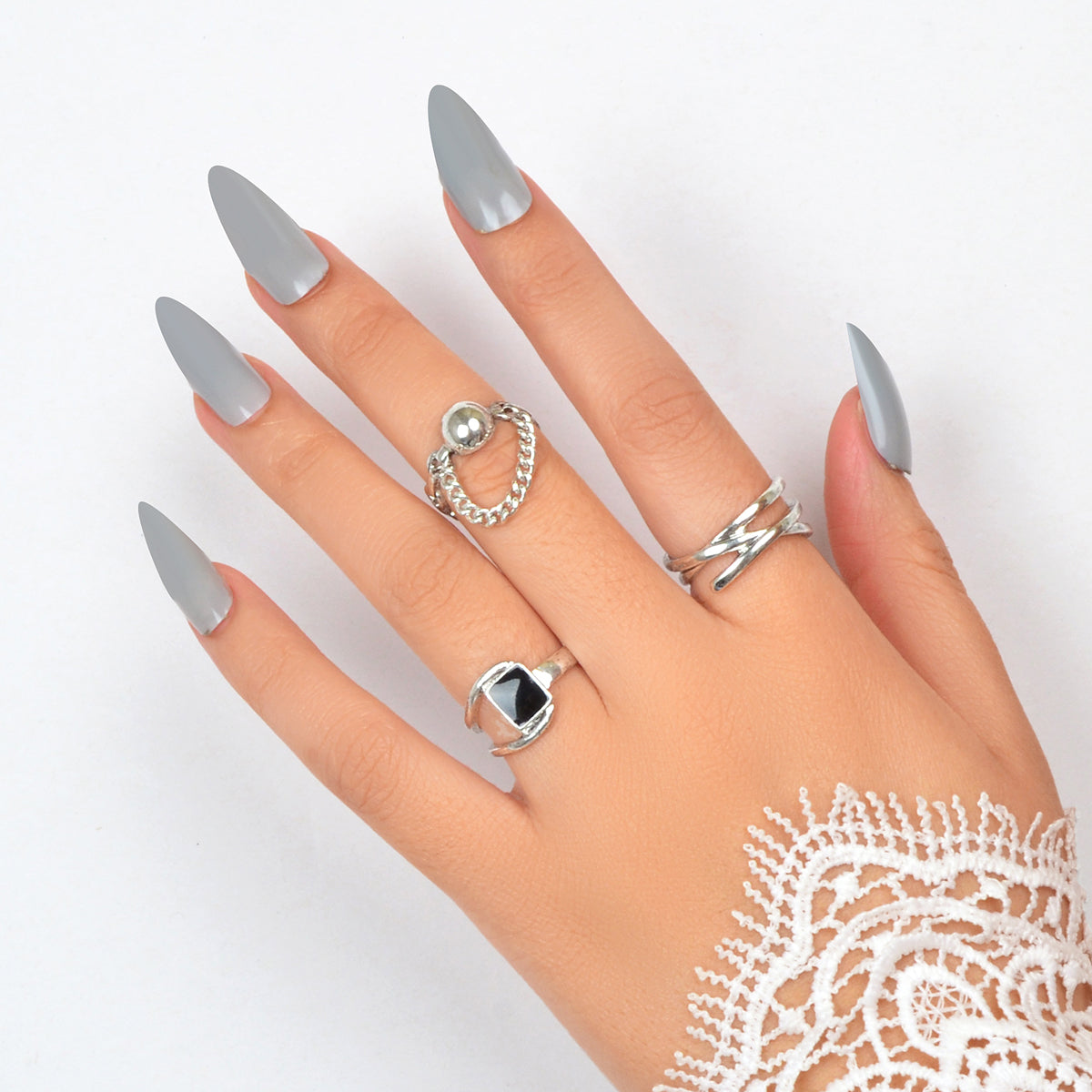 3 pcs Punk Silver Hollow Carved with Chain Statement Stacking Knuckle Rings set-0