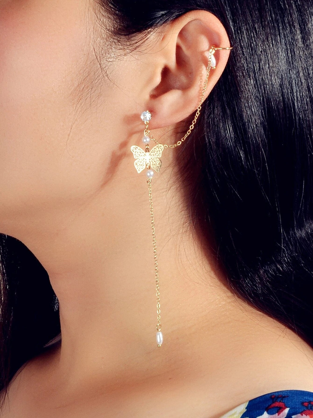 1pc Crystal Pearl Butterfly Long Chain Cartilage Stud Earring Stunning Ear Cuff-0