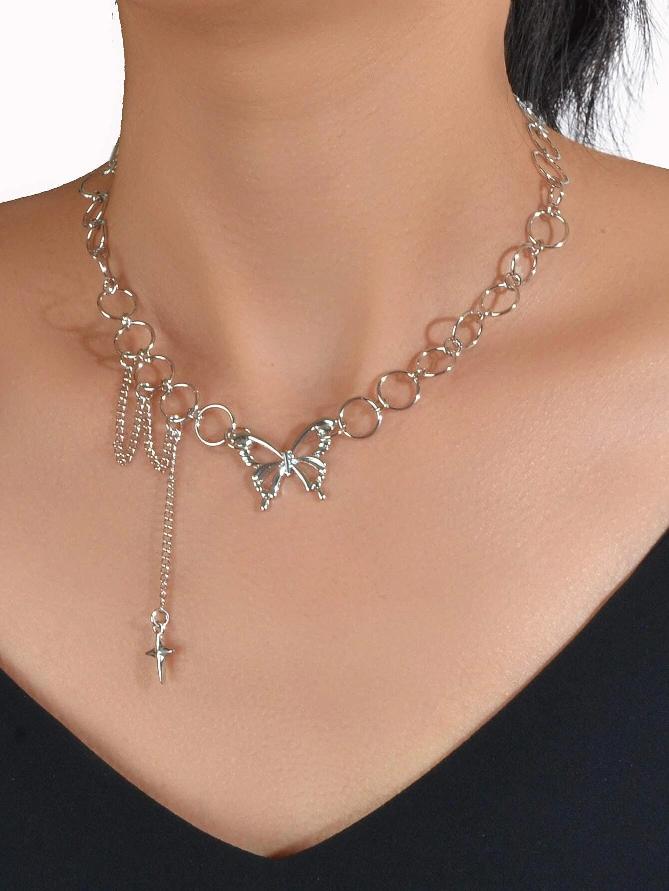 Silver Chain Star Butterfly Fringe Necklace Tassel Collar Accessories Jewellery