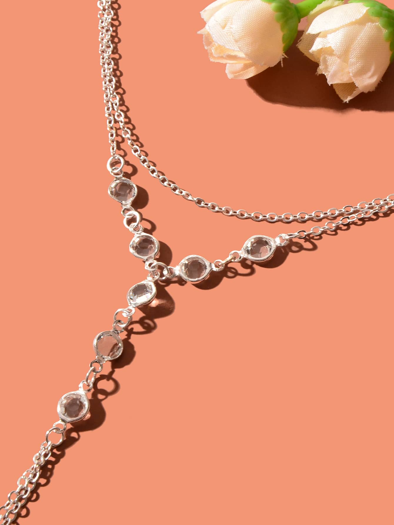 Transparent Rhinestone Double-Layer Chain Bracelet with Ring Connector-2