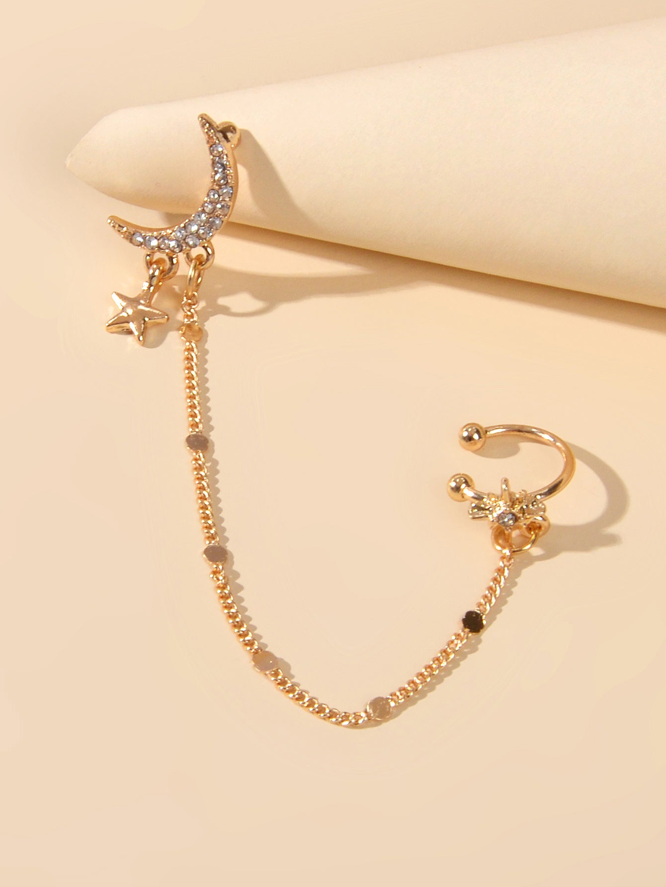 Star Moon Chain Stud Ear Cuff Wrap Clip On Crawler Climber Cartilage Earrings-1