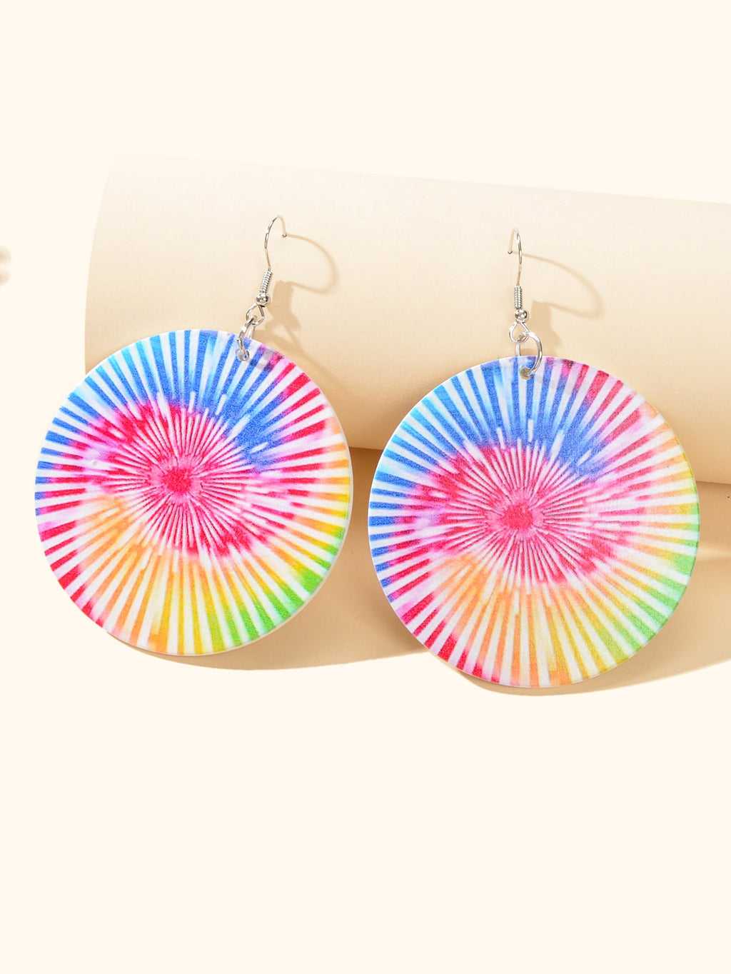 Bohemian Colourful Geometric Pattern Round Wood Dangling Elements Hook Earrings-1