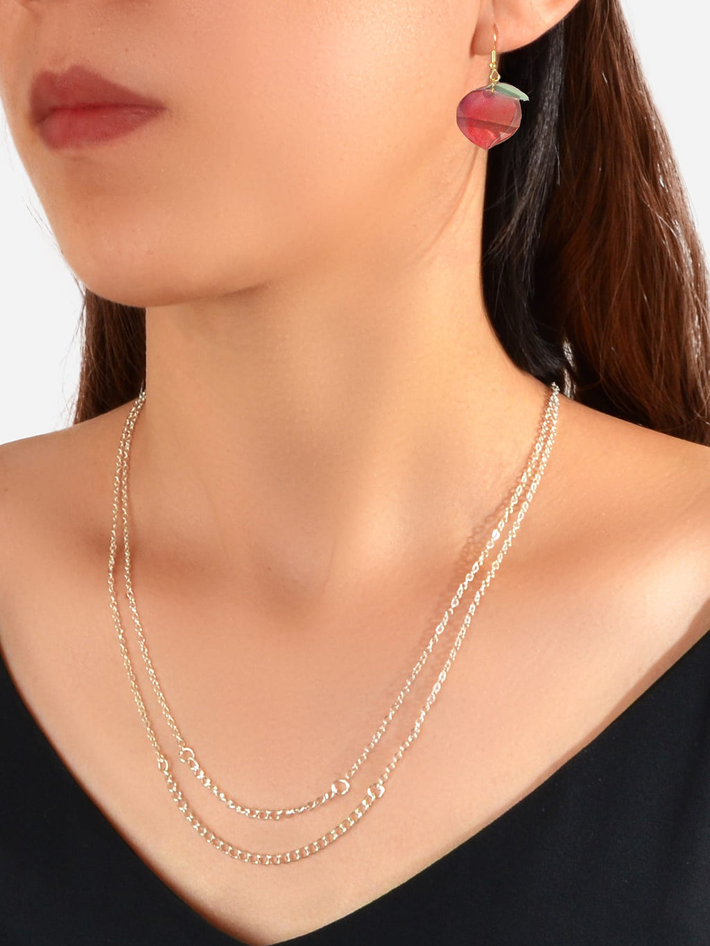Jewelry set Double layer Silver Chain Necklace Pink Resin Peach Dangle Earrings-0