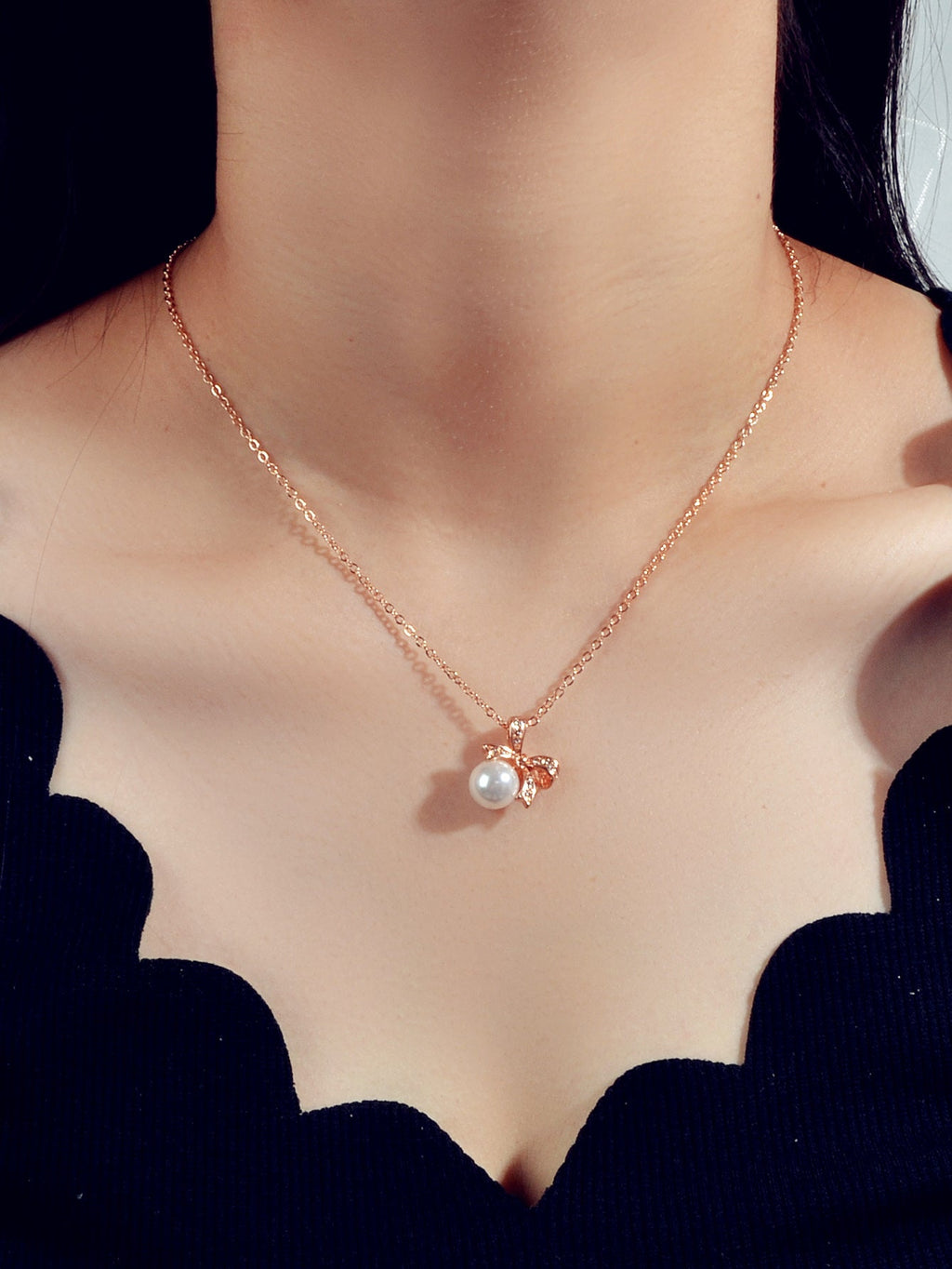 Anniversary Wedding Jewellery Rhinestone Rosegold Chain Pearl Bowknot Necklace-1