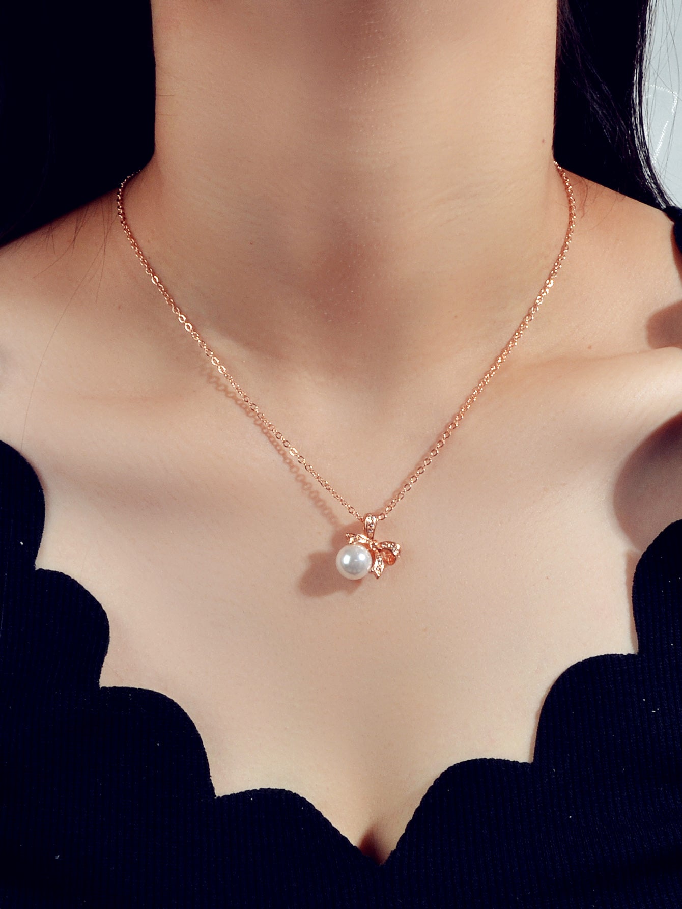 Anniversary Wedding Jewellery Rhinestone Rosegold Chain Pearl Bowknot Necklace-1