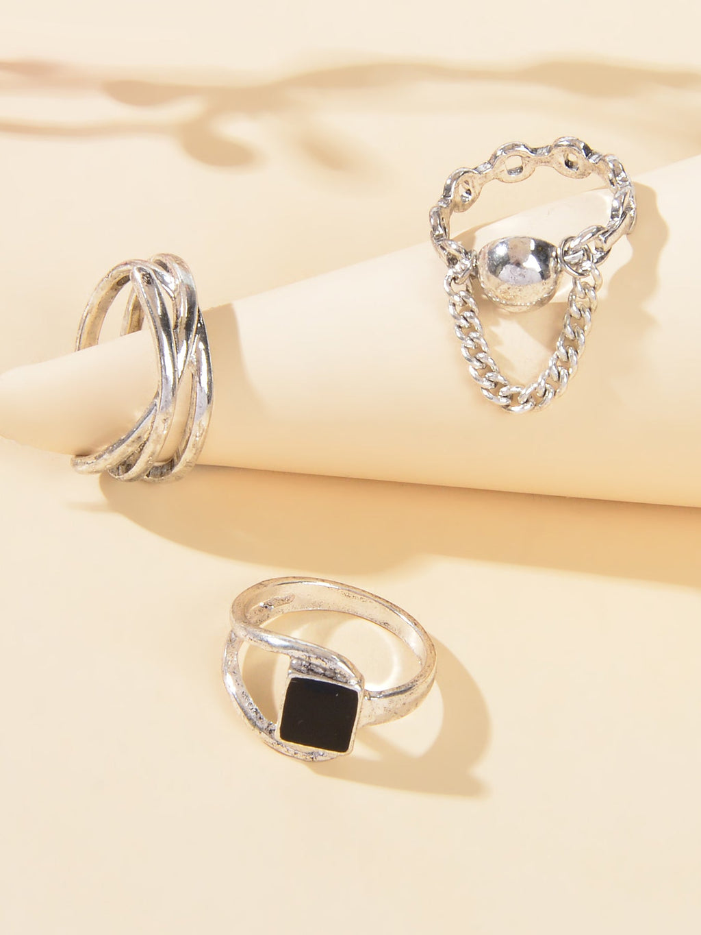 3 pcs Punk Silver Hollow Carved with Chain Statement Stacking Knuckle Rings set-1
