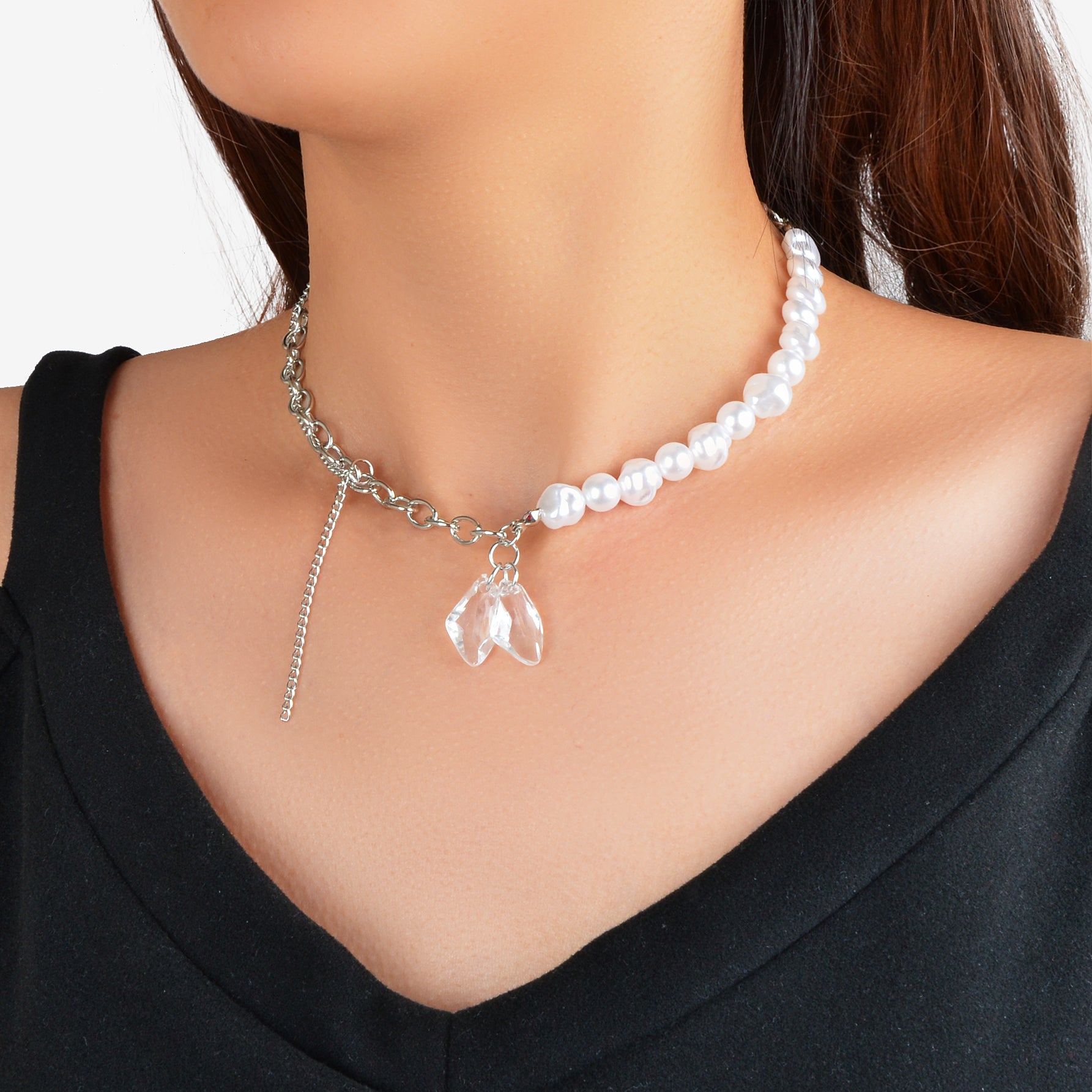 Retro Punk Chain Pearl Transparent Resin Geometric Charm Statement Necklace Gift-0