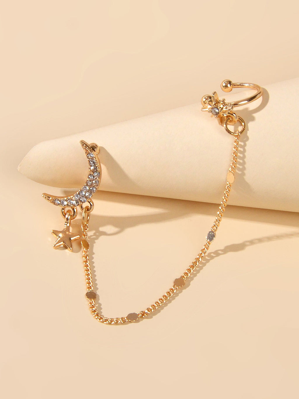 Star Moon Chain Stud Ear Cuff Wrap Clip On Crawler Climber Cartilage Earrings-2
