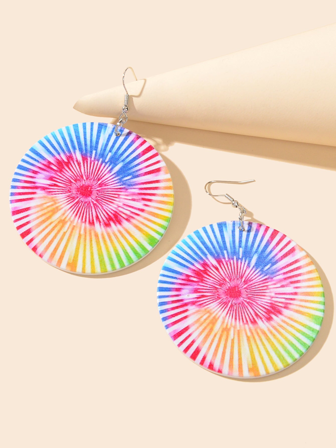 Bohemian Colourful Geometric Pattern Round Wood Dangling Elements Hook Earrings-2