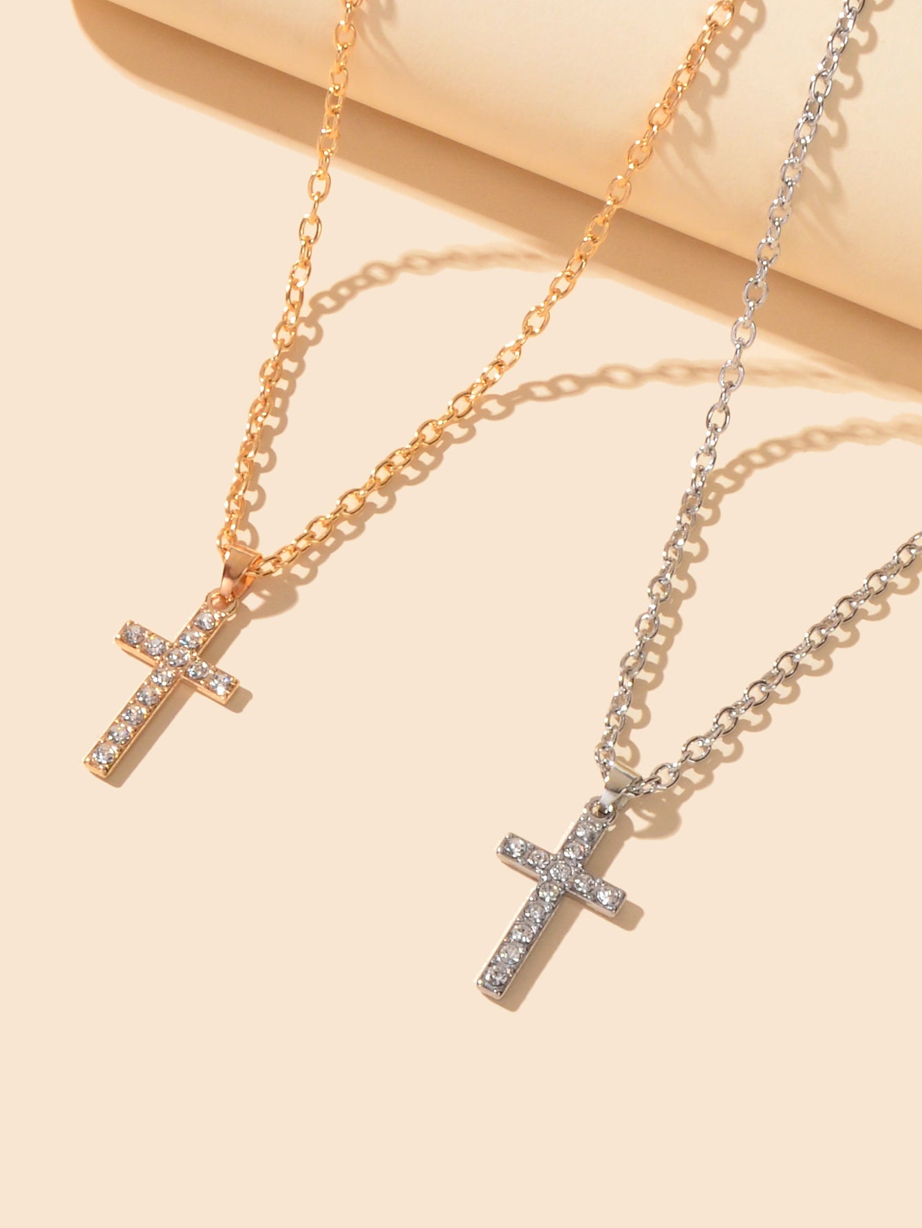 2 pcs Gold Silver Chain Rhinestone Cross Matching Necklace Lovers Couples Gift-2