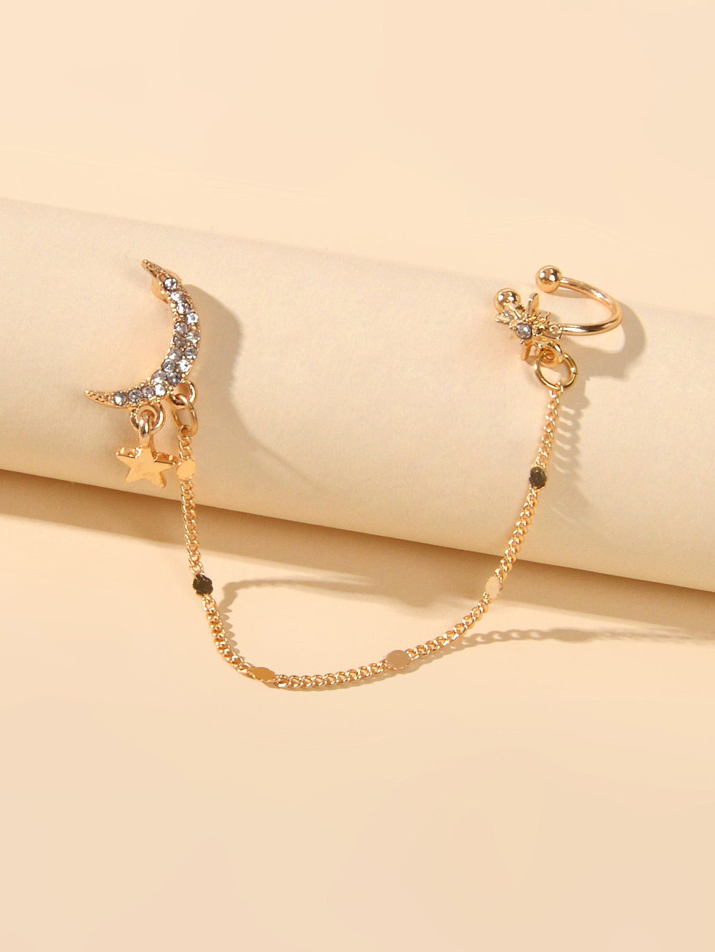 Star Moon Chain Stud Ear Cuff Wrap Clip On Crawler Climber Cartilage Earrings-3