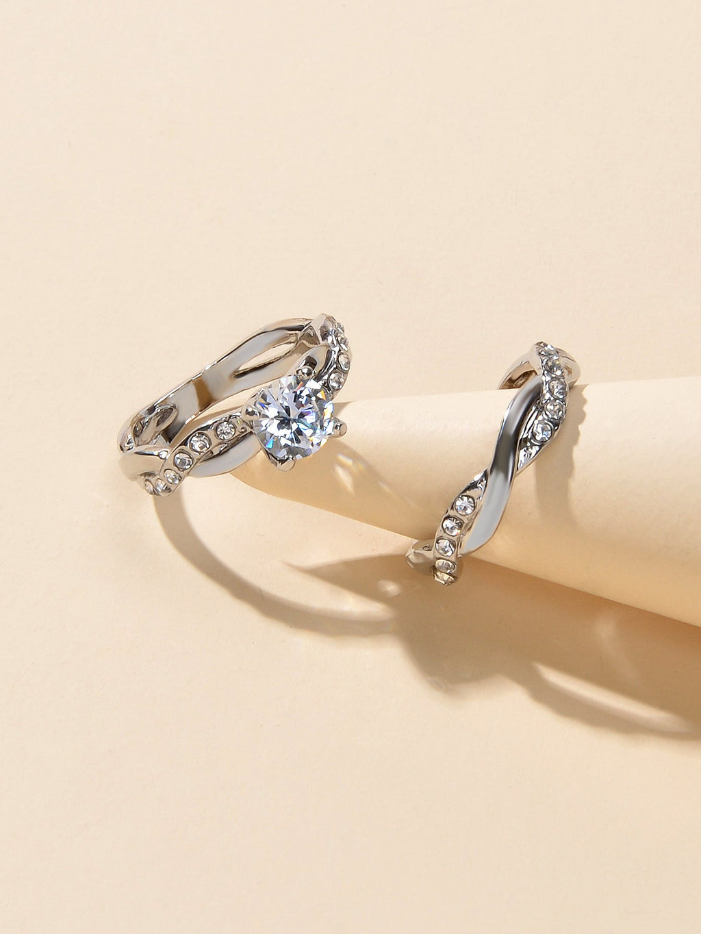 2pcs Luxury Women Band Simulated Diamond Silver Finger Wedding Engagement Ring-3