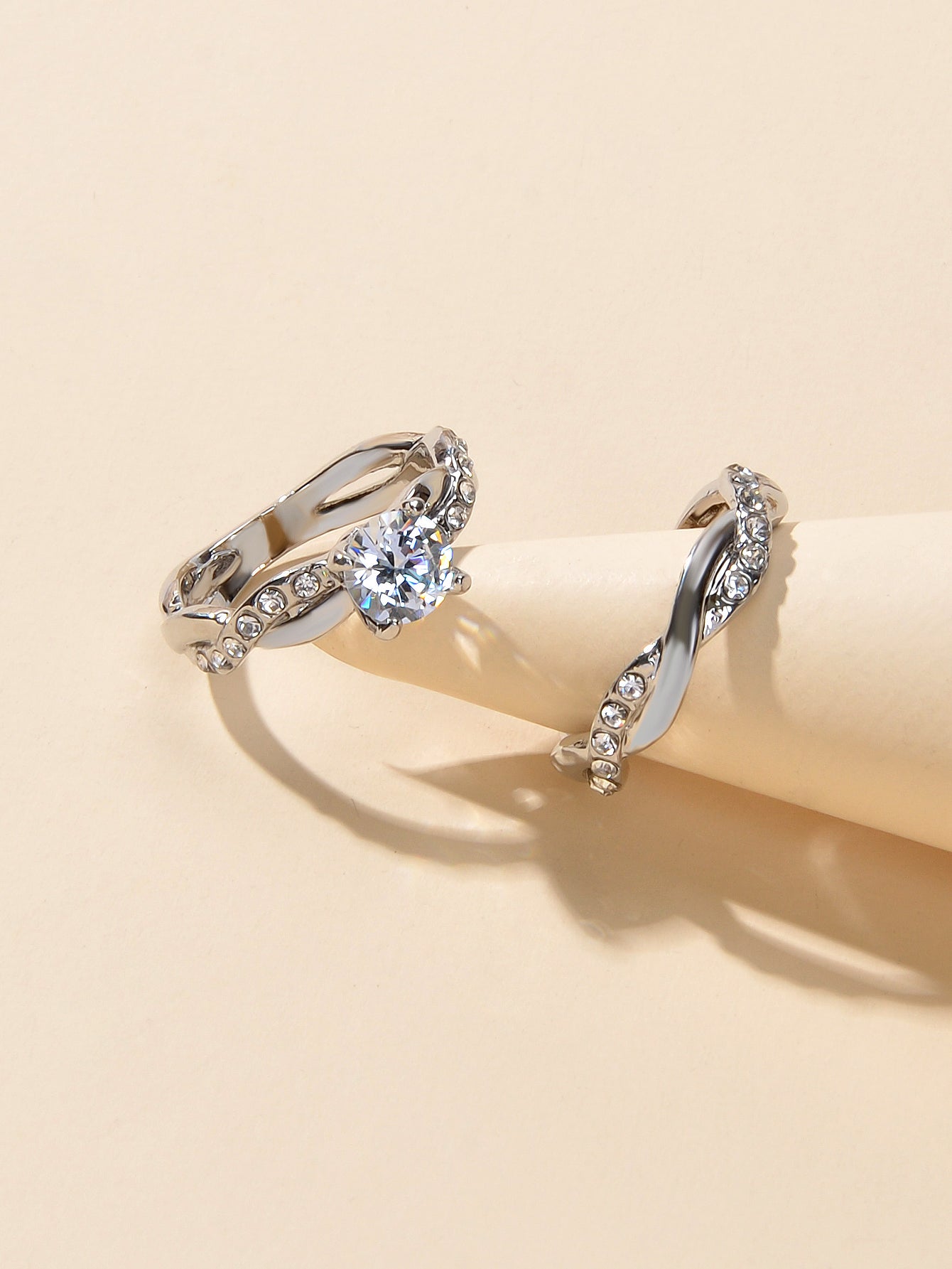 2pcs Luxury Women Band Simulated Diamond Silver Finger Wedding Engagement Ring-3