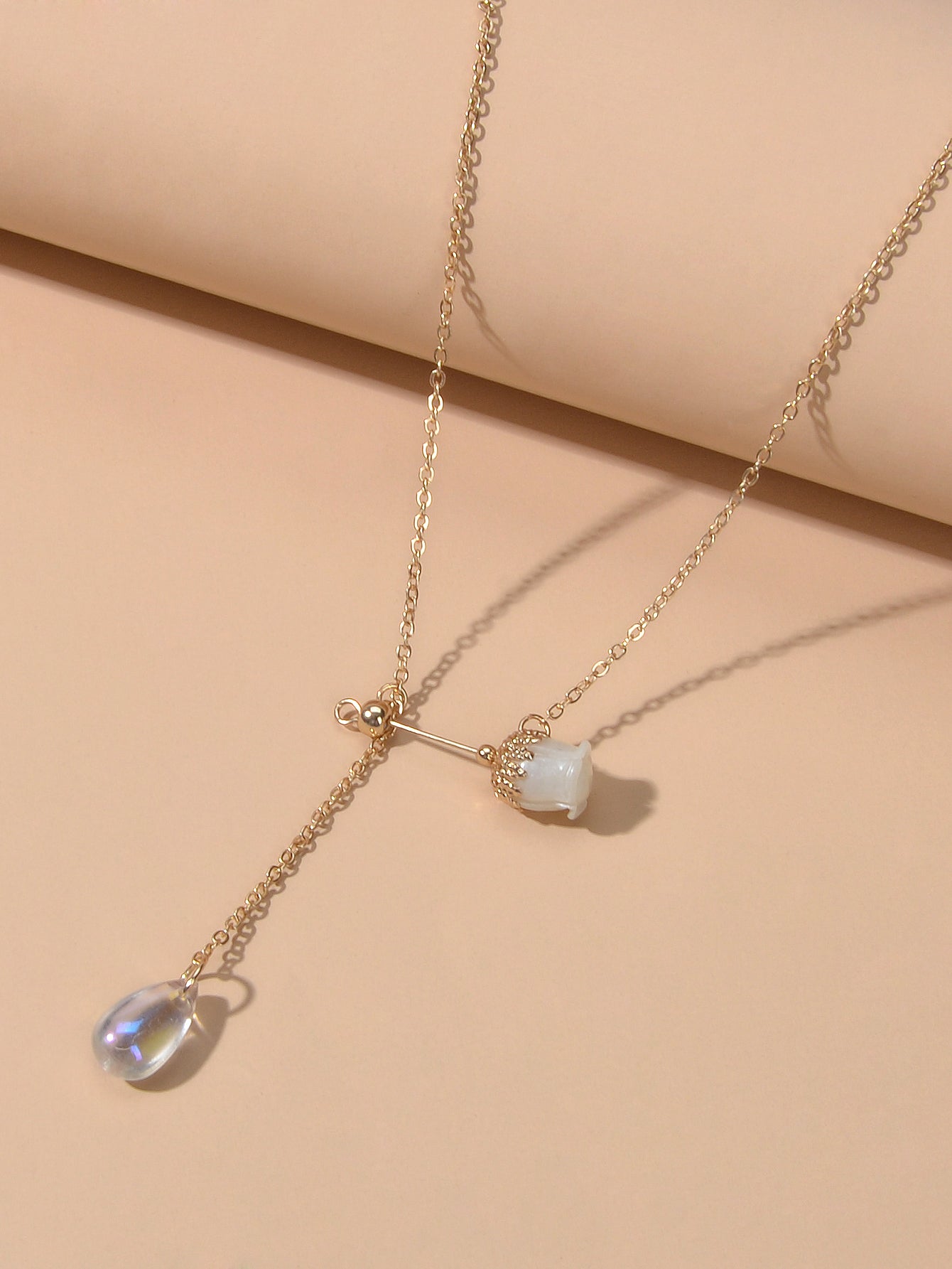 Elegant Jewellery Gold Chain Acrylic Water Drop Beads Flower Charm Y Necklace-3