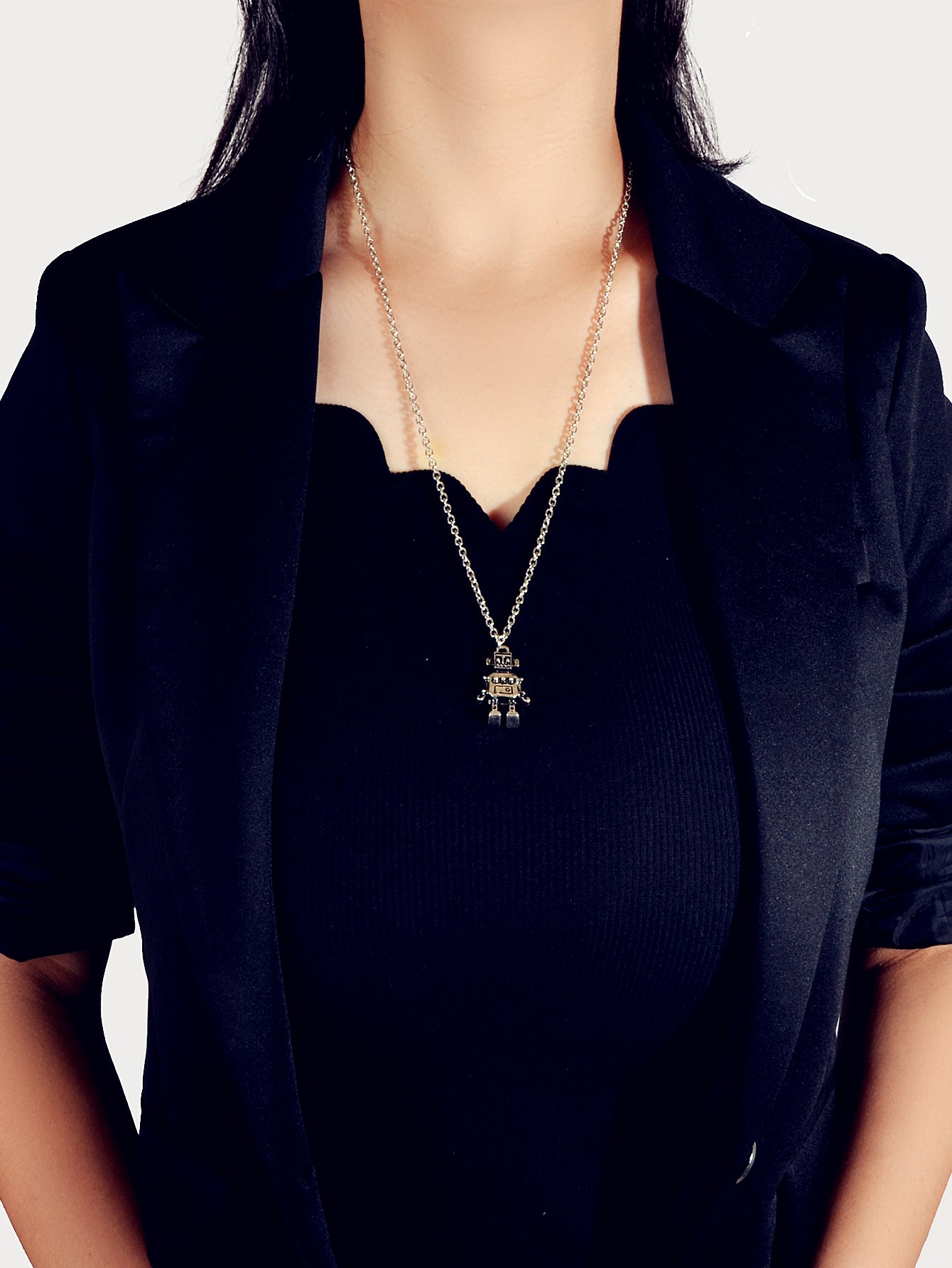 Hip Hop Punk Designer Jewellery Long Chain Antique Silver Robot Party Necklace-3