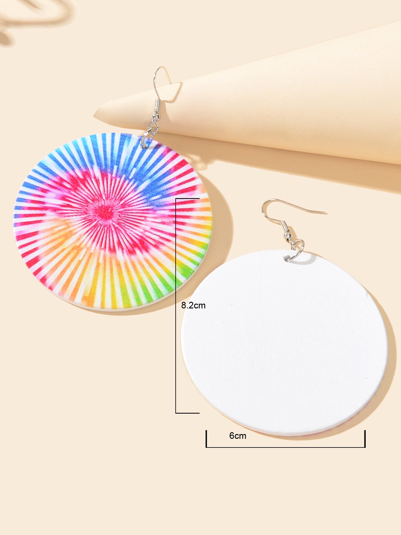 Bohemian Colourful Geometric Pattern Round Wood Dangling Elements Hook Earrings-3