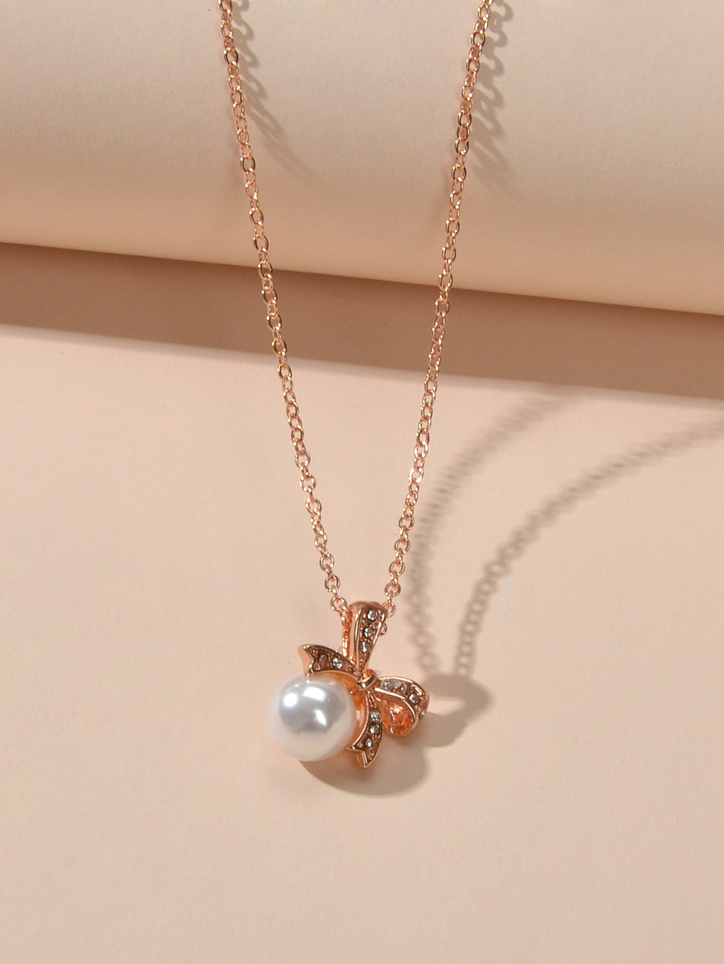 Anniversary Wedding Jewellery Rhinestone Rosegold Chain Pearl Bowknot Necklace-3