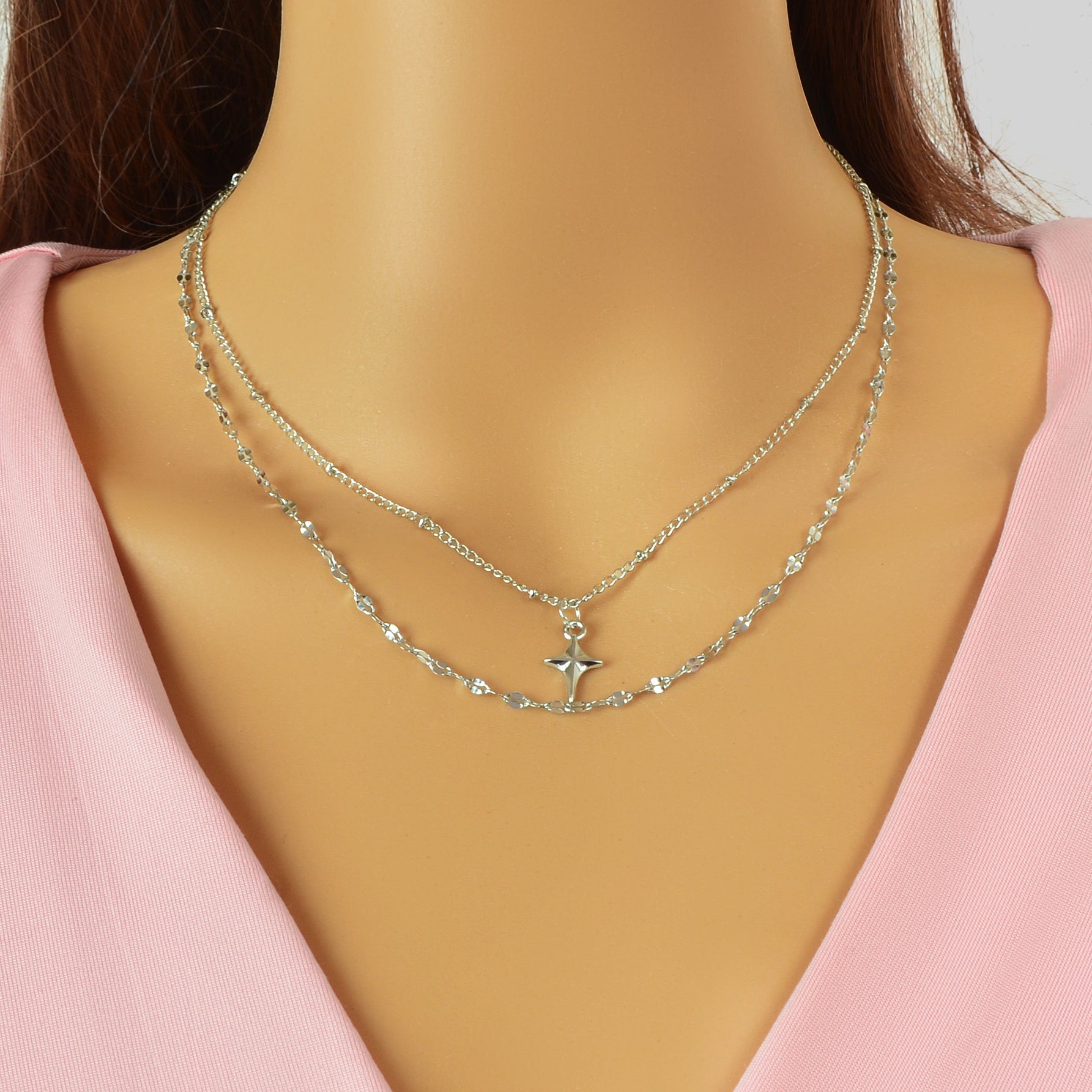 Fashion Jewelry Double layer Silvery Chain Star Pendant Necklace for Women-0